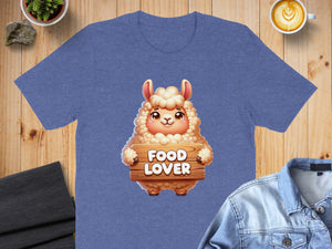 Blue t-shirt featuring a fluffy sheep holding a wooden sign that says "FOOD LOVER".