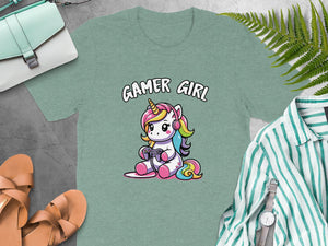 Green t-shirt with "Gamer Girl" text and a unicorn holding a game controller.