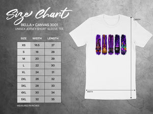 Size chart for Bella + Canvas 3001 unisex tee with measurements for width and length.