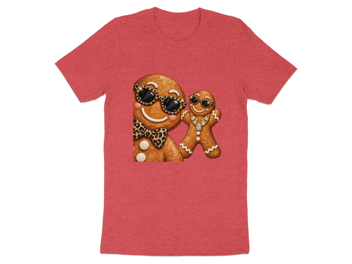 Gingerbread man and child wearing sunglasses and jewelry on red shirt.