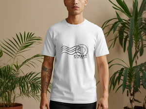 White t-shirt with black graphic design reading "SUMMER IS IN THE AIR".