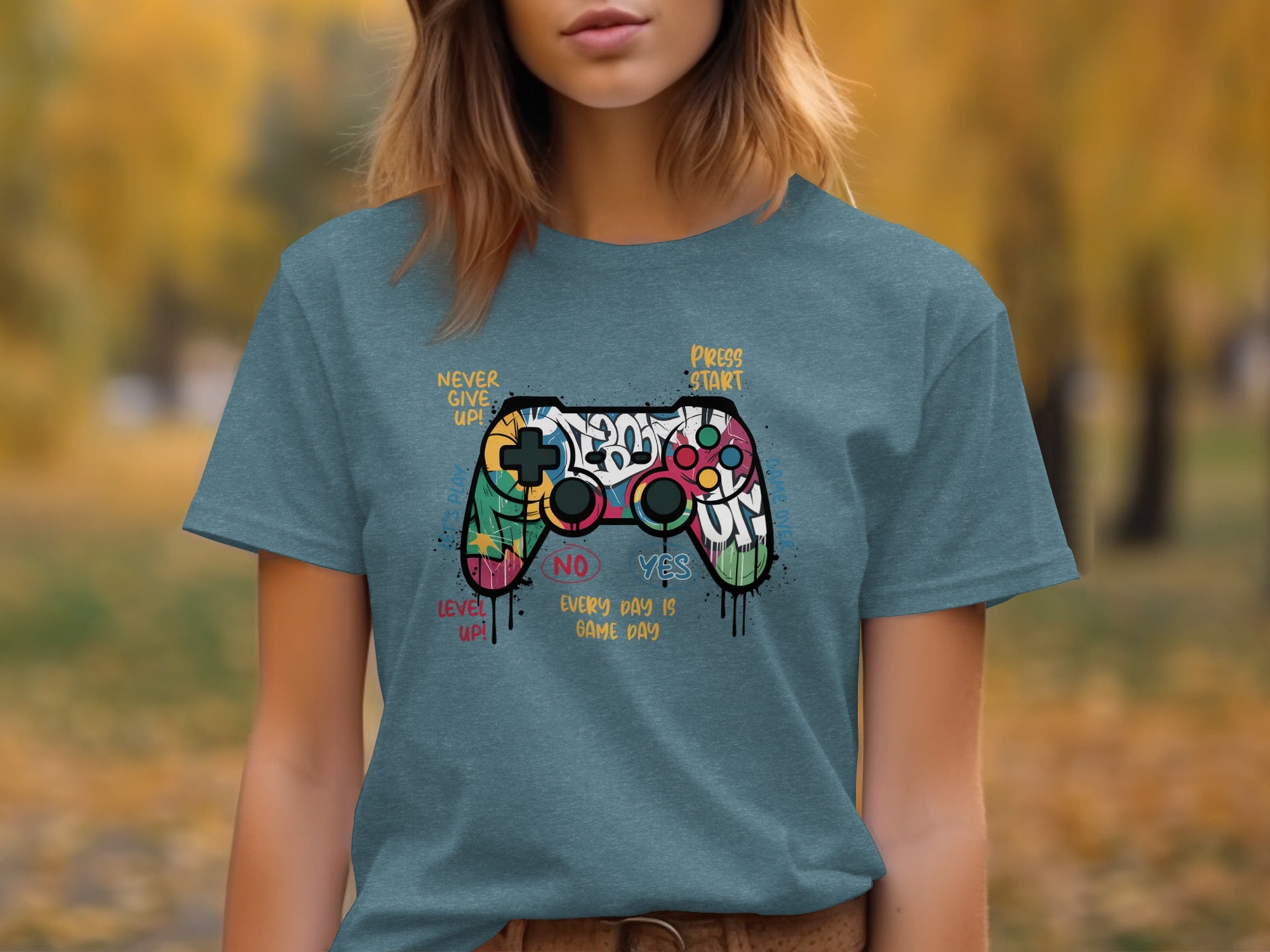 Graffiti-style gamepad graphic with motivational text: "Never Give Up," "Press Start," "Level Up!"