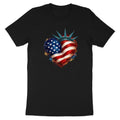 Black t-shirt with heart-shaped Statue of Liberty crown and American flag.