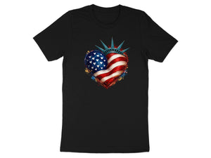 Black t-shirt with heart-shaped Statue of Liberty crown and American flag.