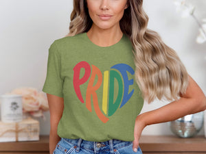 Green t-shirt with rainbow heart graphic spelling PRIDE.