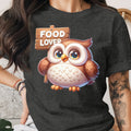 Cute cartoon owl holding a wooden sign that reads "FOOD LOVER".