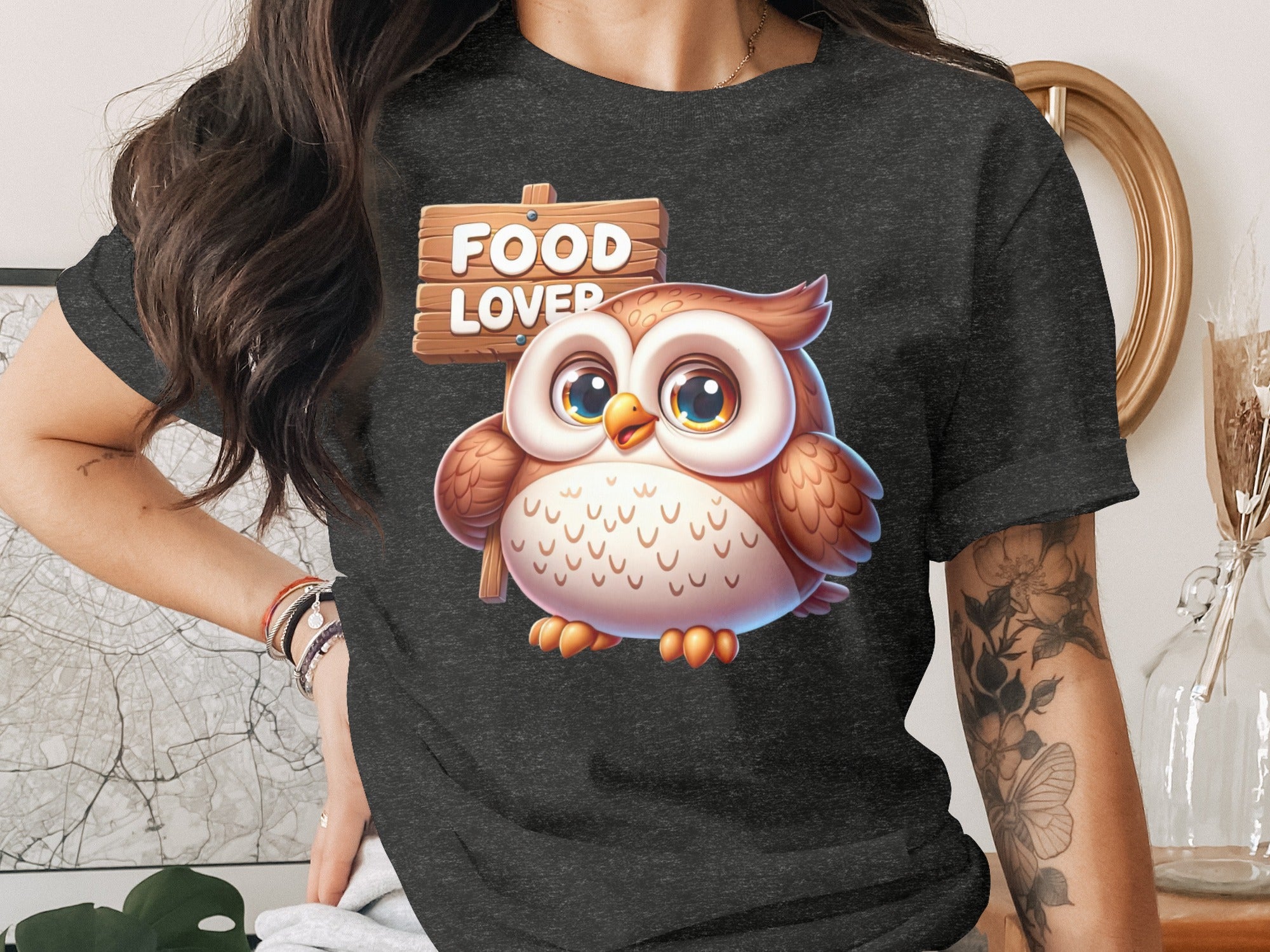 Cute cartoon owl holding a wooden sign that reads "FOOD LOVER".