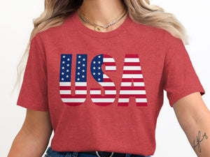 Red t-shirt with "USA" text in the American flag design.
