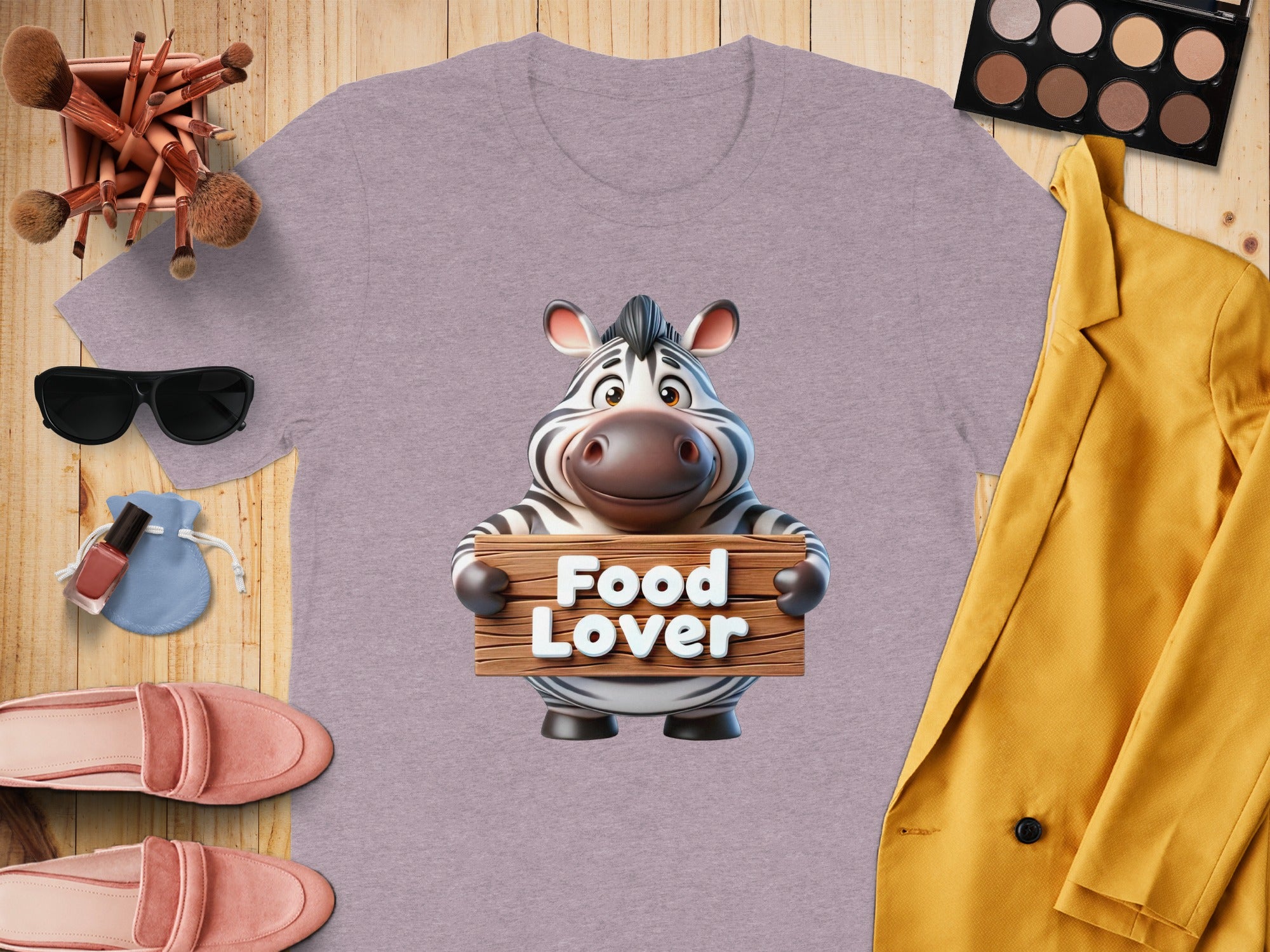 T-shirt with cartoon zebra holding "Food Lover" sign.