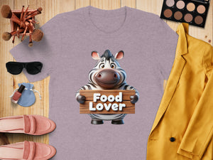 T-shirt with cartoon zebra holding "Food Lover" sign.