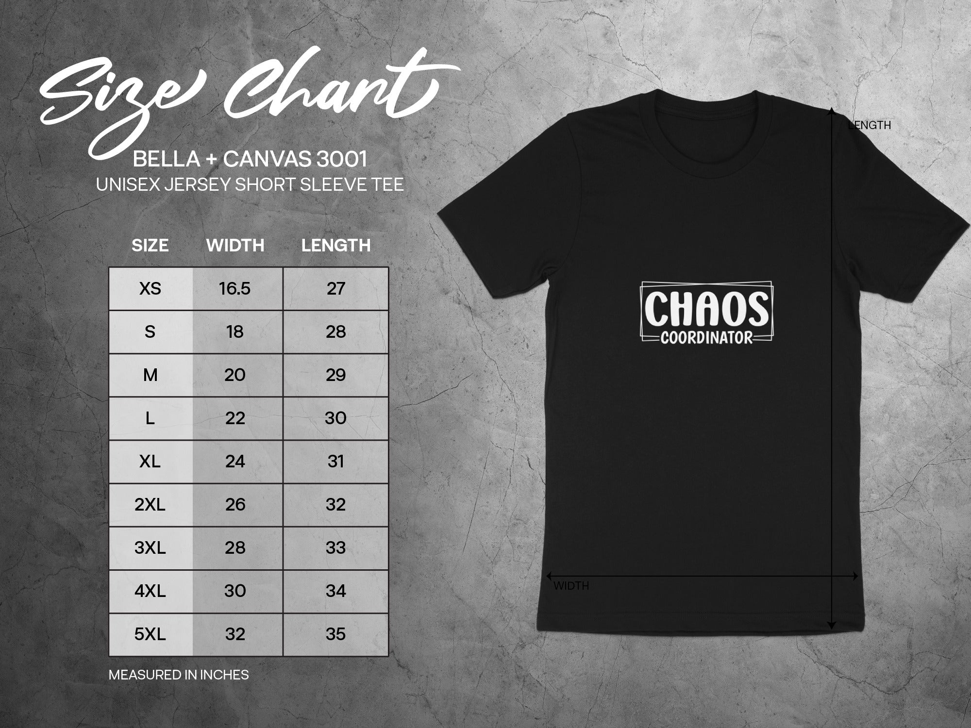 Bella + Canvas 3001 unisex t-shirt size chart with width and length measurements.