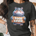 Cartoon hippo holding a wooden sign that reads "FOOD LOVER."