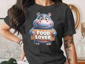 Cartoon hippo holding a wooden sign that reads "FOOD LOVER."