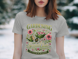 Gardening Social Club graphic with watering can, wheelbarrow, and flowers.
