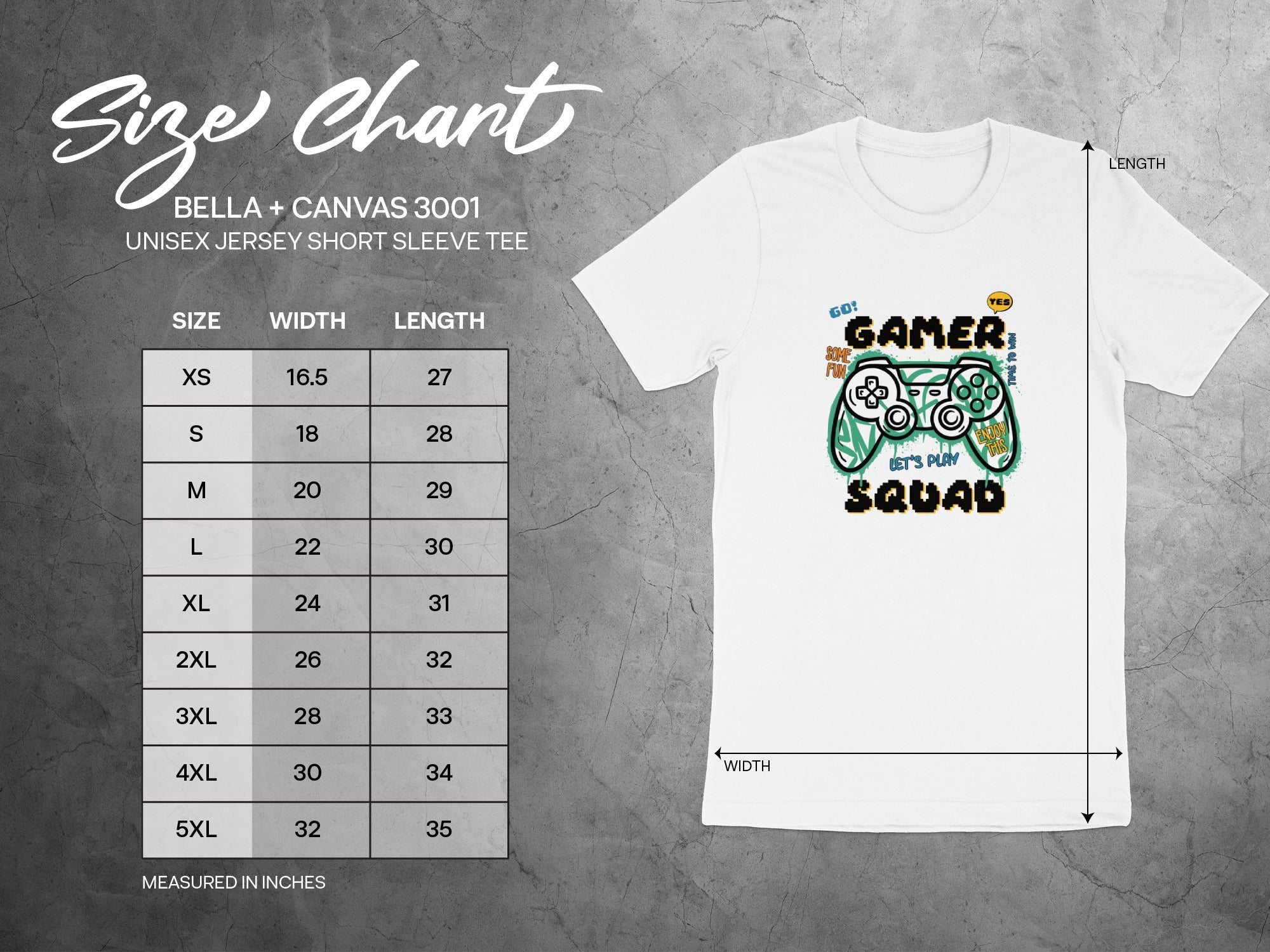 Size chart for Bella + Canvas 3001 unisex t-shirt with "Gamer Squad" graphic.