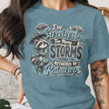 Raccoon with umbrella and text "I've survived too many storms to be bothered by raindrops".