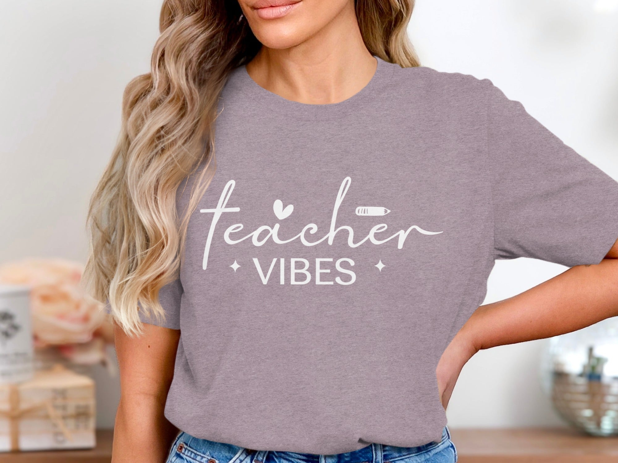 Gray t-shirt with white text "Teacher Vibes" and a pencil graphic.