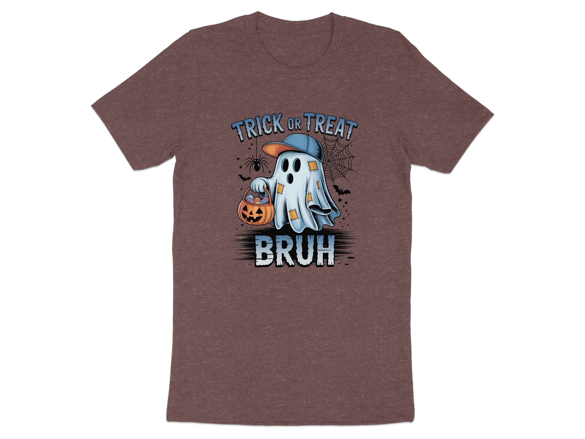 Ghost with candy bucket and hat says "TRICK OR TREAT BRUH".