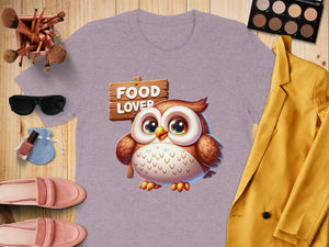 T-shirt with a cute owl graphic and "FOOD LOVER" text.