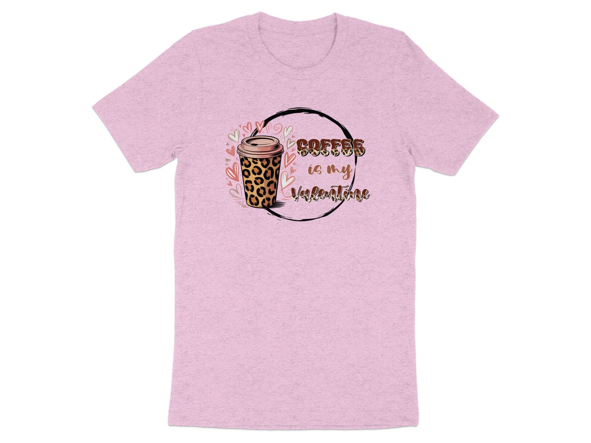 Pink t-shirt with leopard print coffee cup graphic: "Coffee is my Valentine".