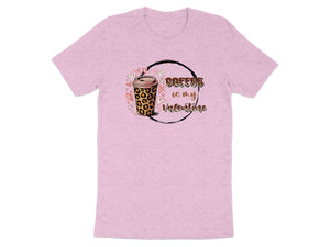 Pink t-shirt with leopard print coffee cup graphic: "Coffee is my Valentine".