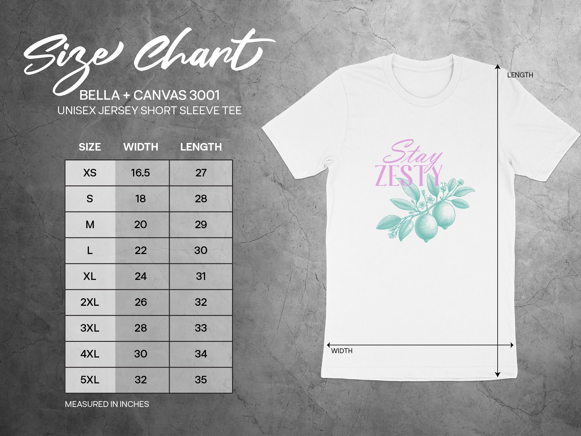 Bella + Canvas 3001 unisex t-shirt size chart with width and length measurements.