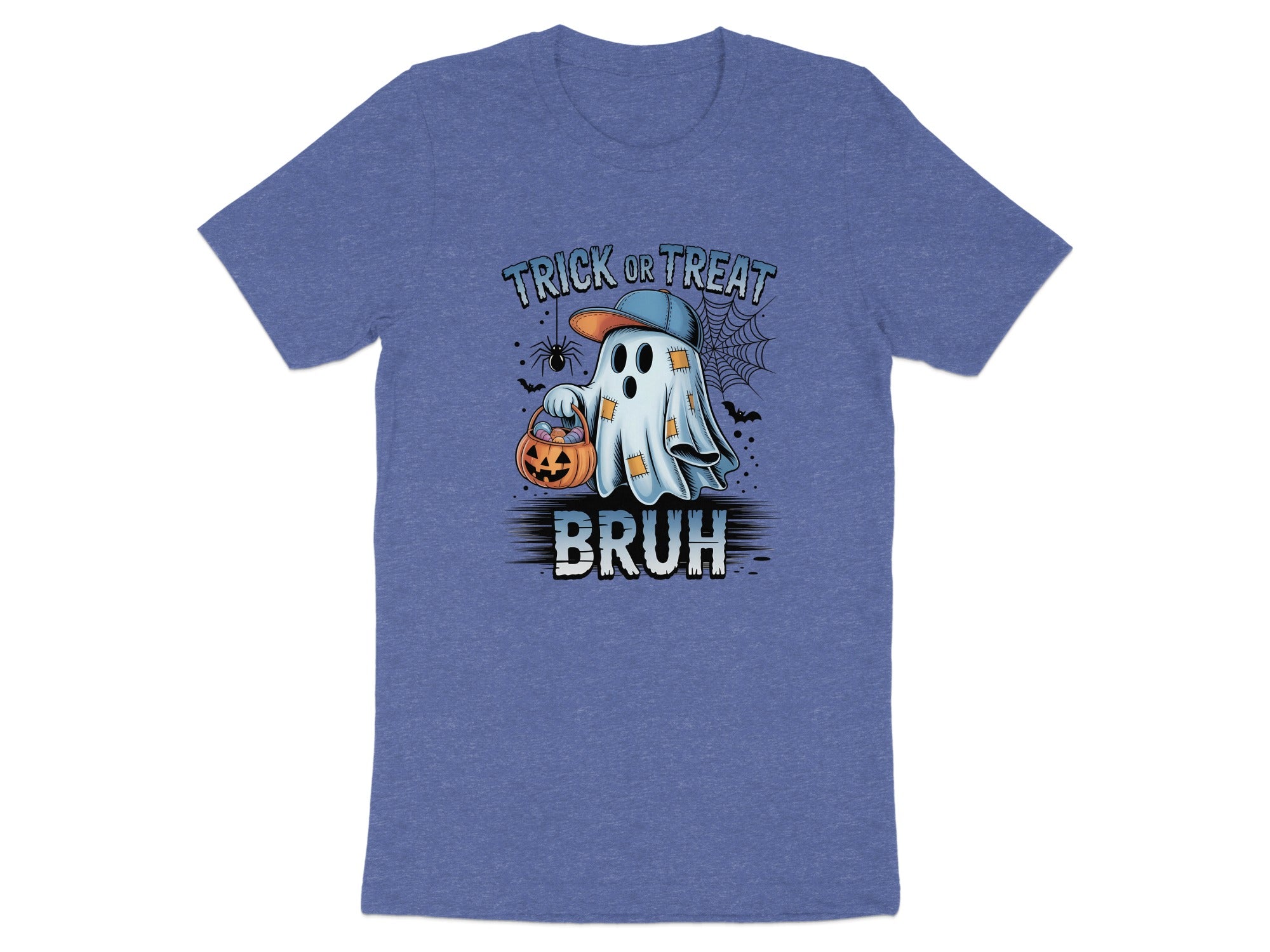 T-shirt graphic of a ghost with a candy bucket and "BRUH" text.