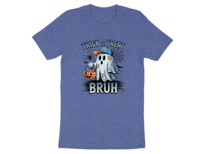T-shirt graphic of a ghost with a candy bucket and "BRUH" text.