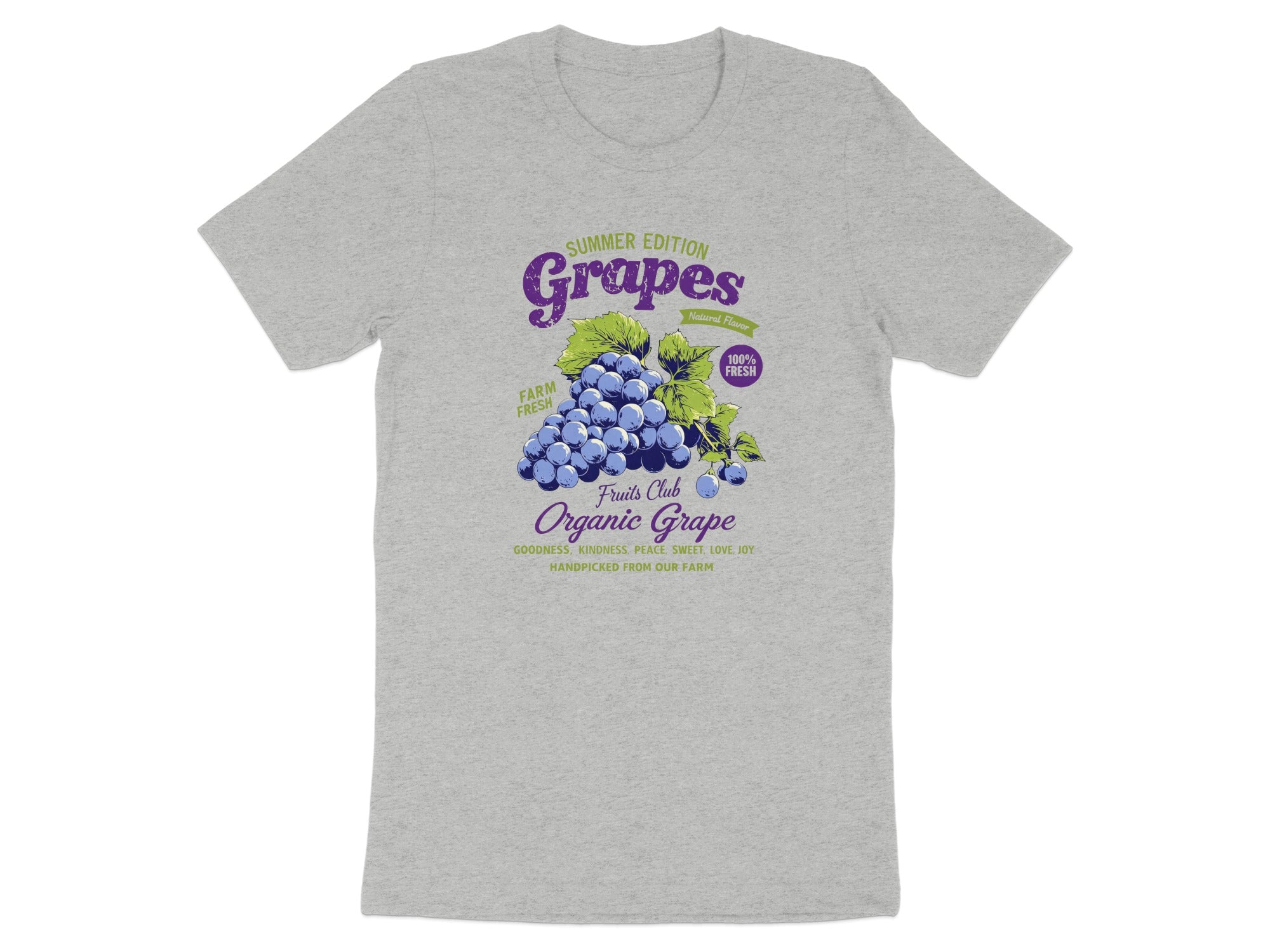Gray t-shirt graphic with grapes, "Summer Edition" and "Organic Grape" text.