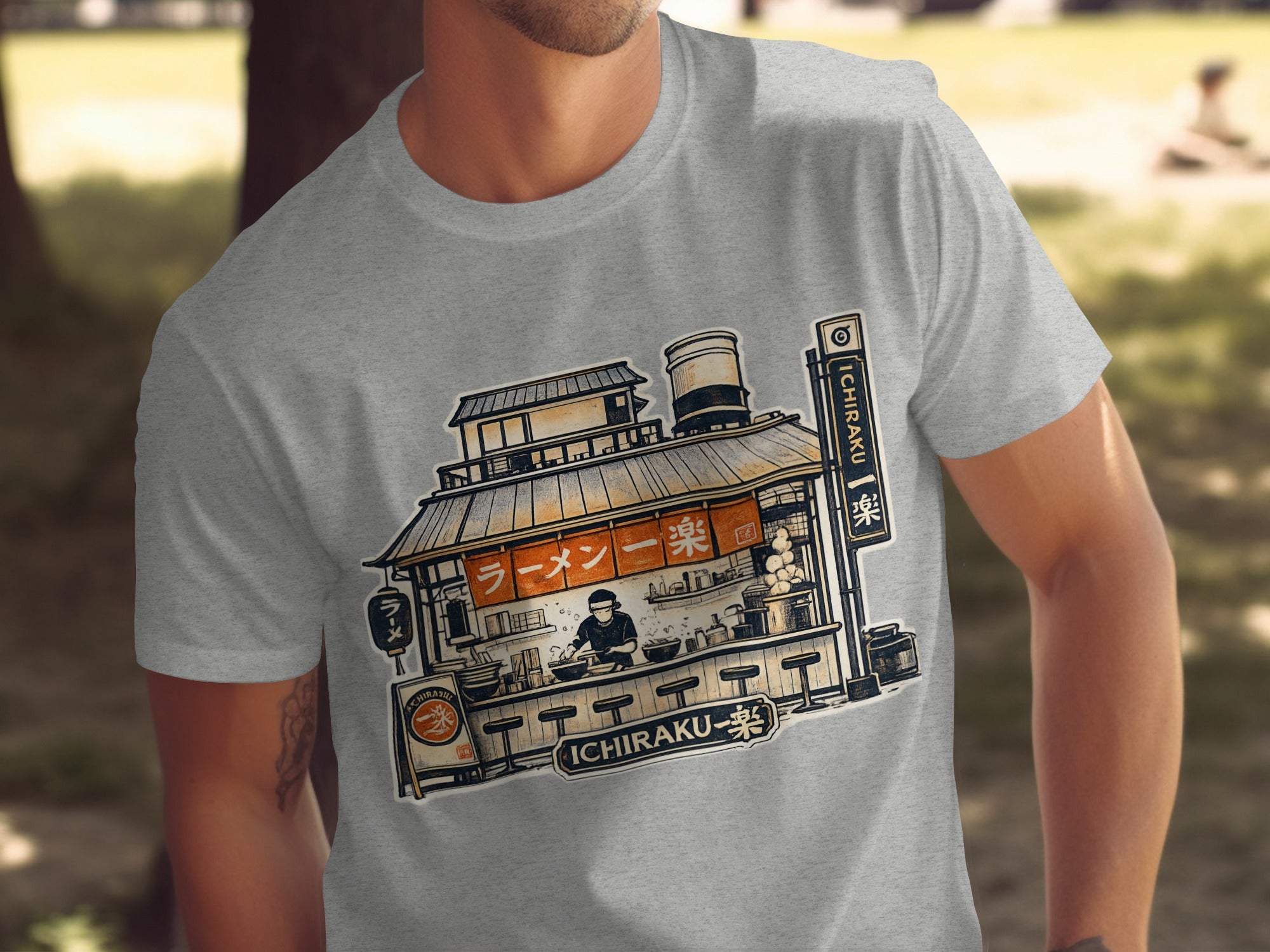 Graphic tee features a ramen shop illustration with Ichiraku branding and Japanese text.