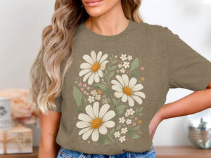 Brown t-shirt with a floral daisy and wildflower bouquet design.