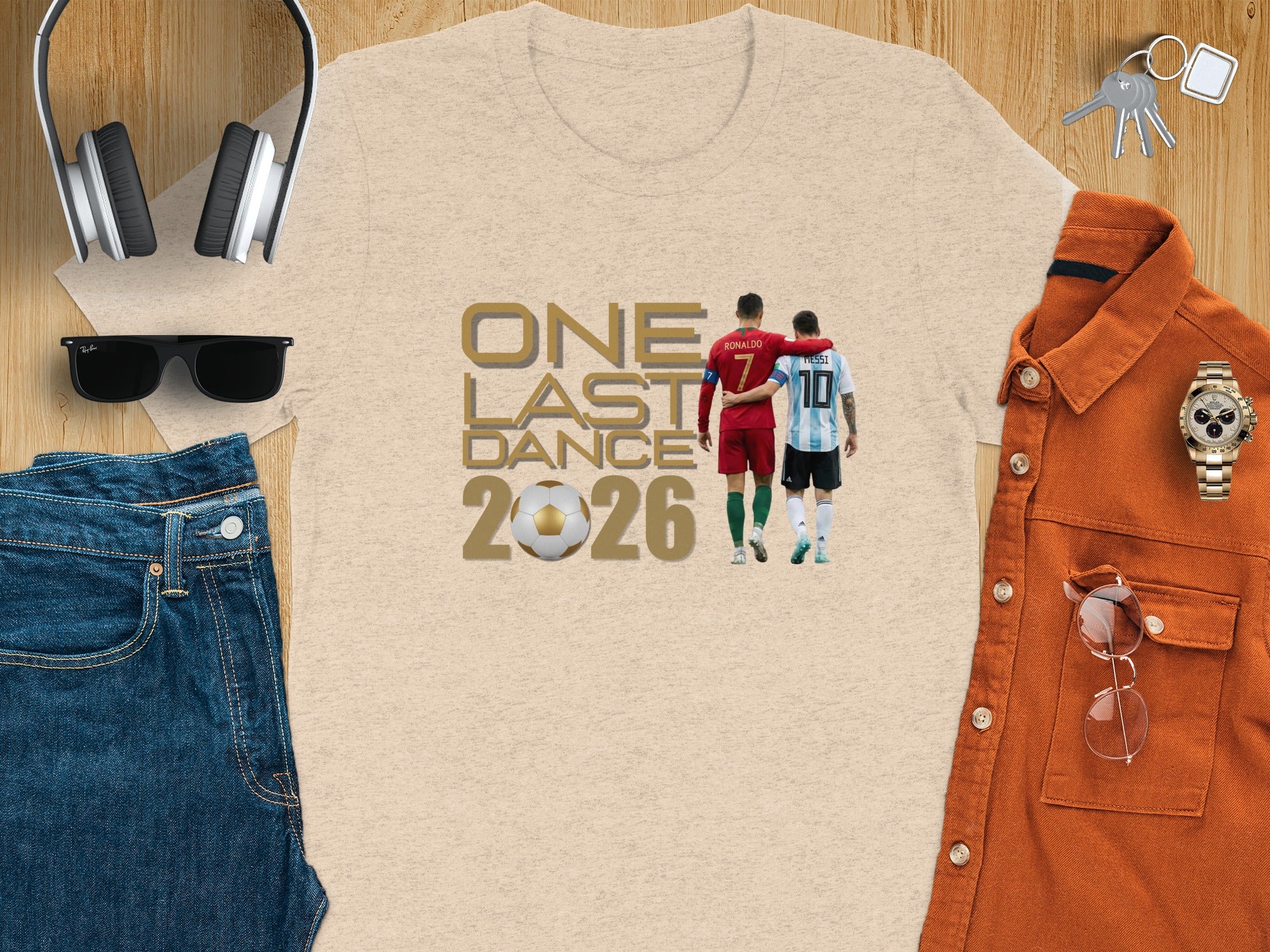 T-shirt graphic with Ronaldo and Messi, text "One Last Dance 2026".