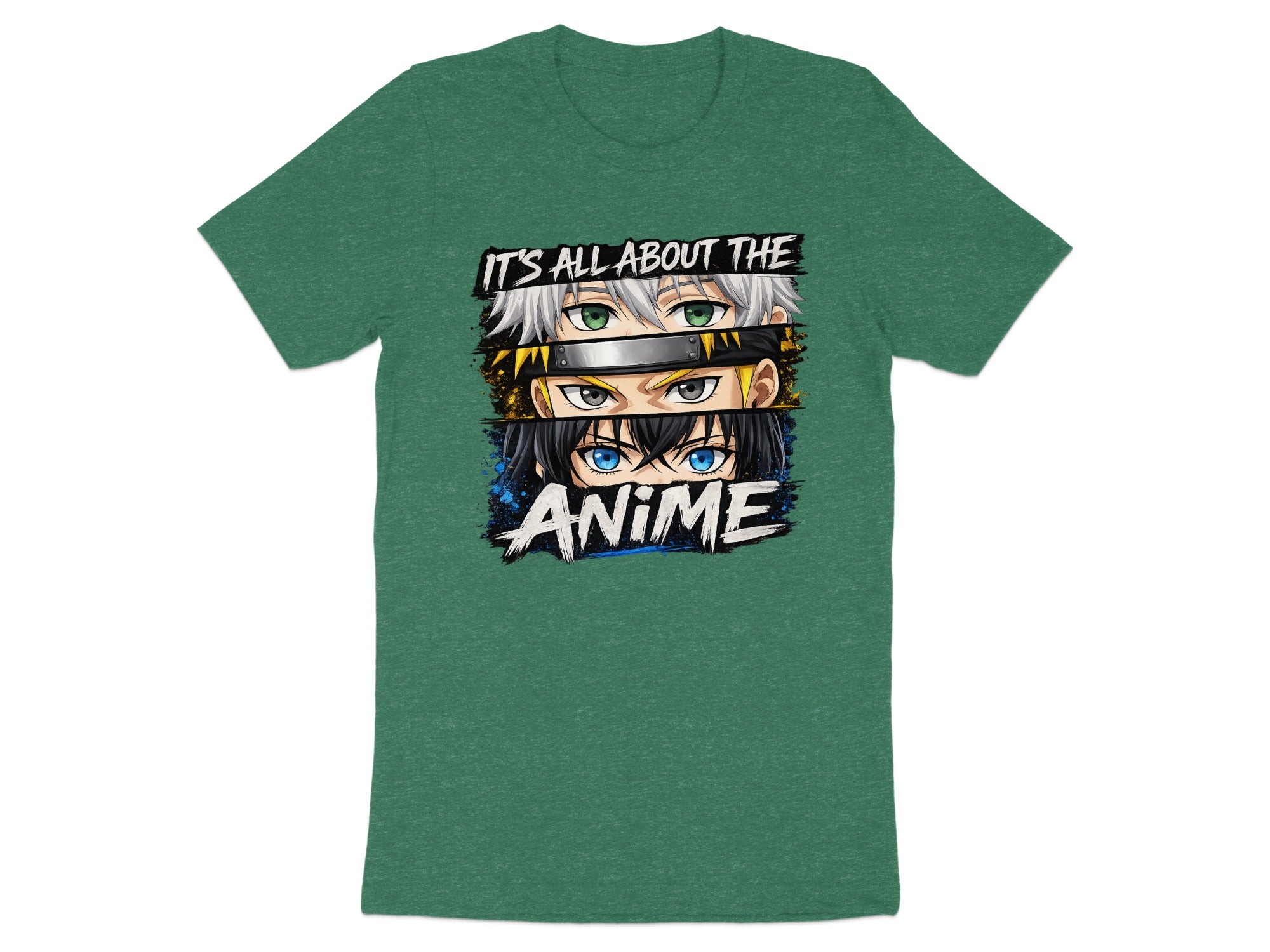 Green t-shirt with stacked anime eyes and "It's All About the Anime" text.
