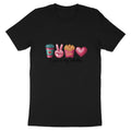 Black t-shirt with coffee, peace sign, fries, and heart graphic; text: Coffee is my valentine.