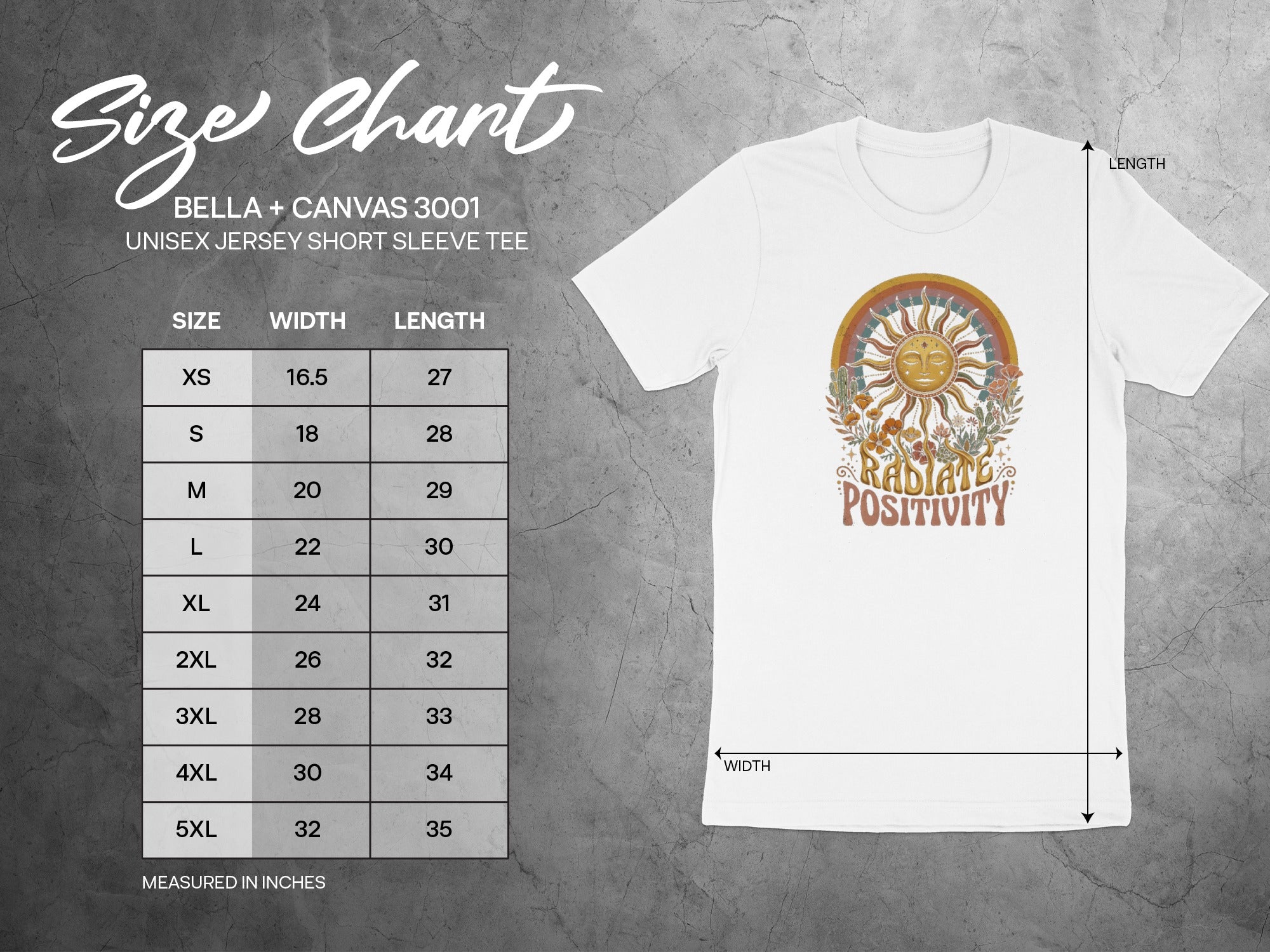 Bella + Canvas 3001 size chart for unisex short sleeve tee with measurements in inches.