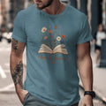 T-shirt with open book graphic, floral design, and "book lover" text.