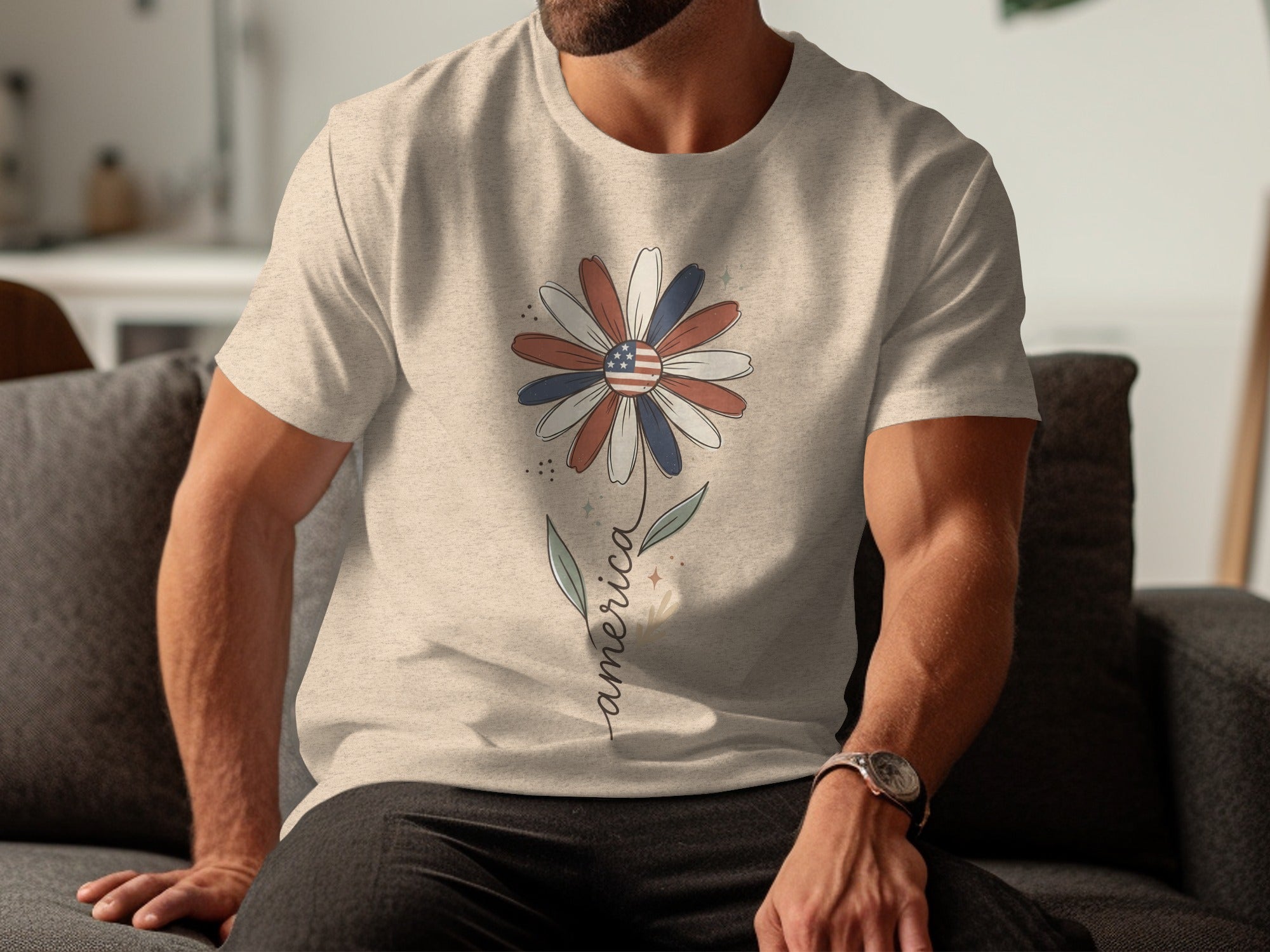 Light beige t-shirt with a daisy graphic featuring American flag colors and "america" text.