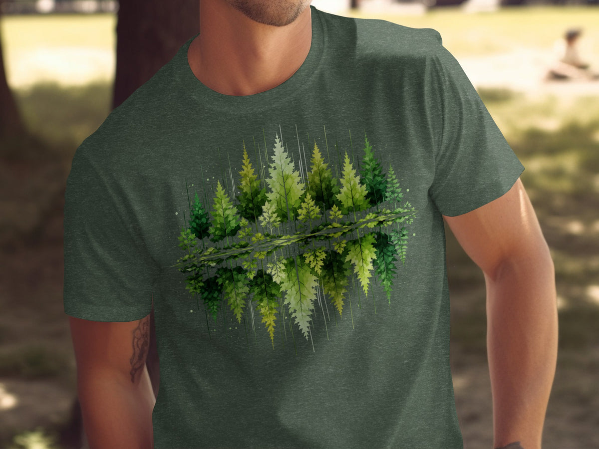 Dark green t-shirt with a reflective forest graphic.