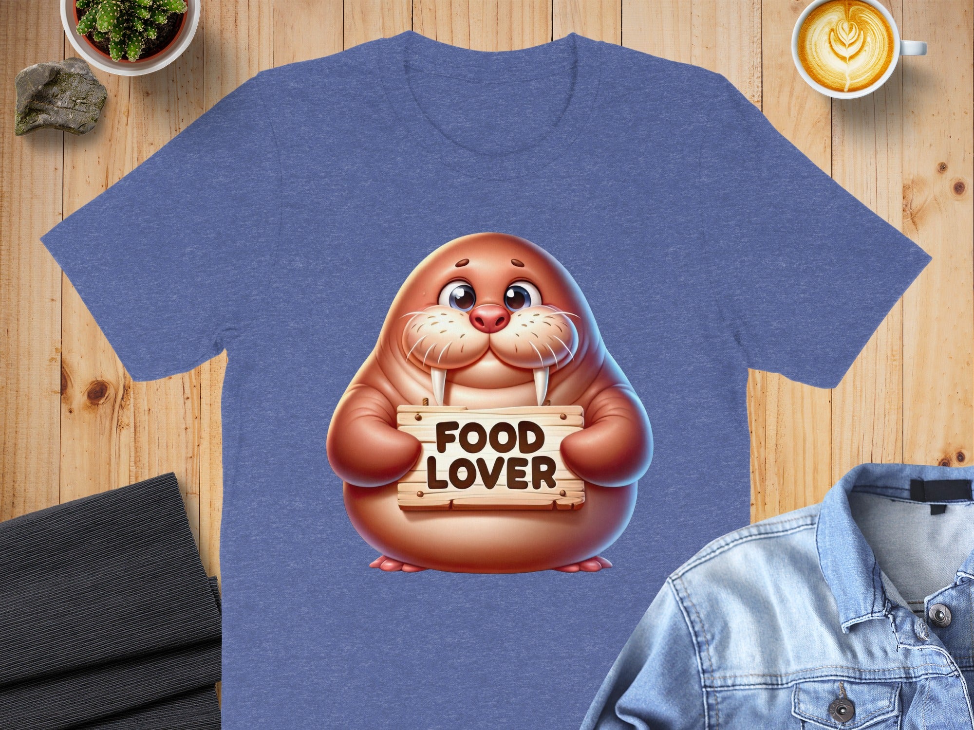 Cartoon walrus holding a wooden sign that says "FOOD LOVER".