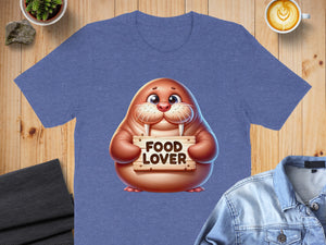Cartoon walrus holding a wooden sign that says "FOOD LOVER".