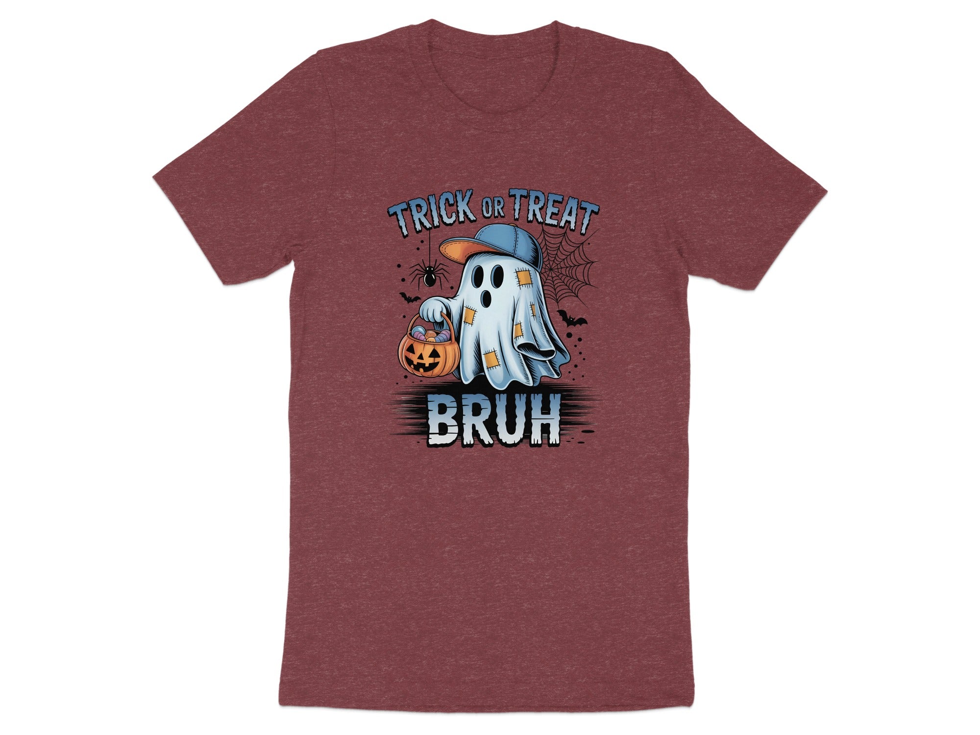 Ghost with trick or treat basket and "BRUH" text, wearing a baseball cap.