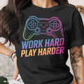 Black t-shirt with colorful gamepad graphic and "Work Hard Play Harder" text.