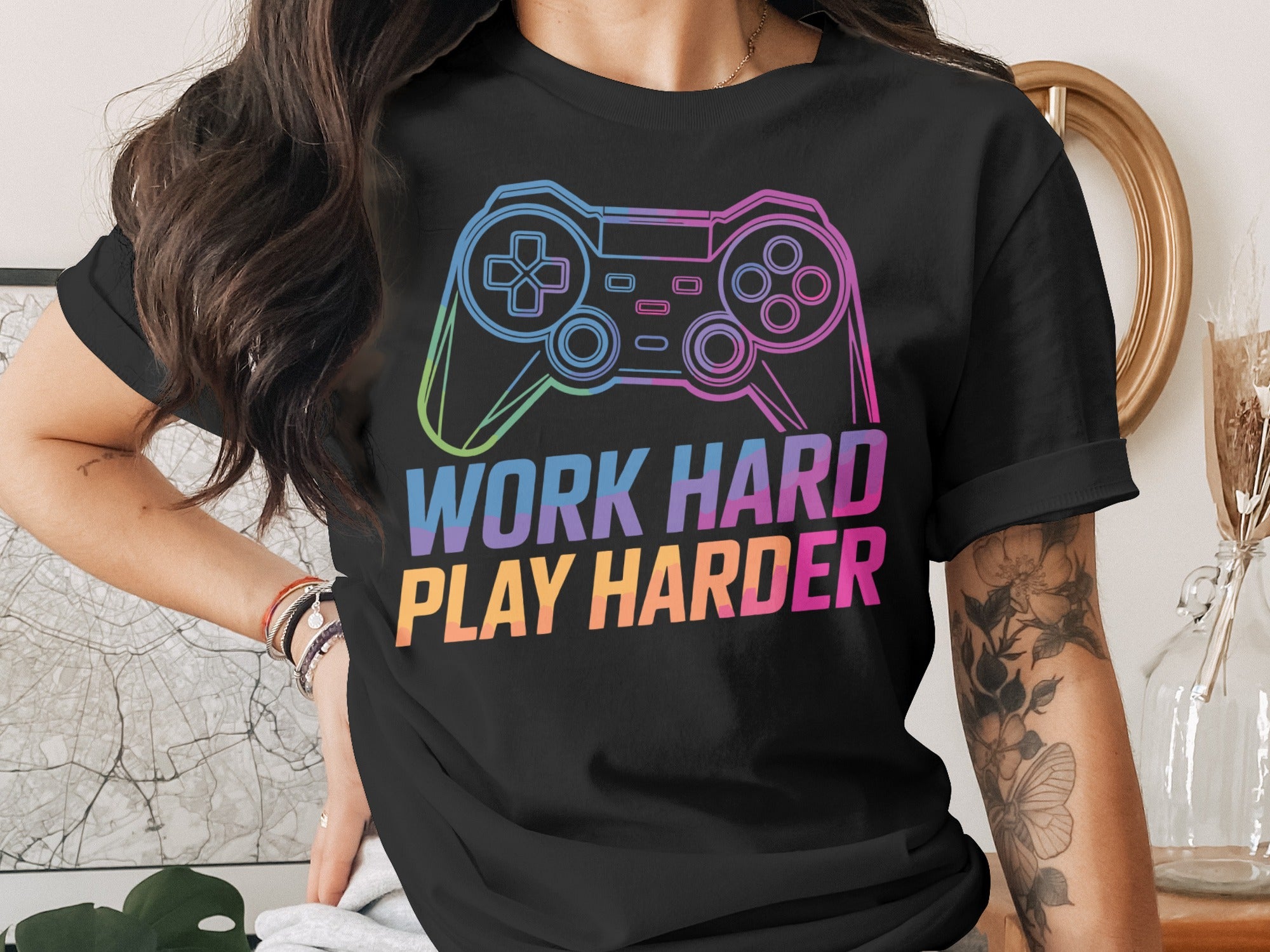 Black t-shirt with colorful gamepad graphic and "Work Hard Play Harder" text.