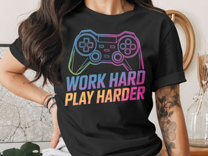 Black t-shirt with colorful gamepad graphic and "Work Hard Play Harder" text.