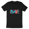 Black t-shirt with abstract "LOVE" graphic featuring hearts.