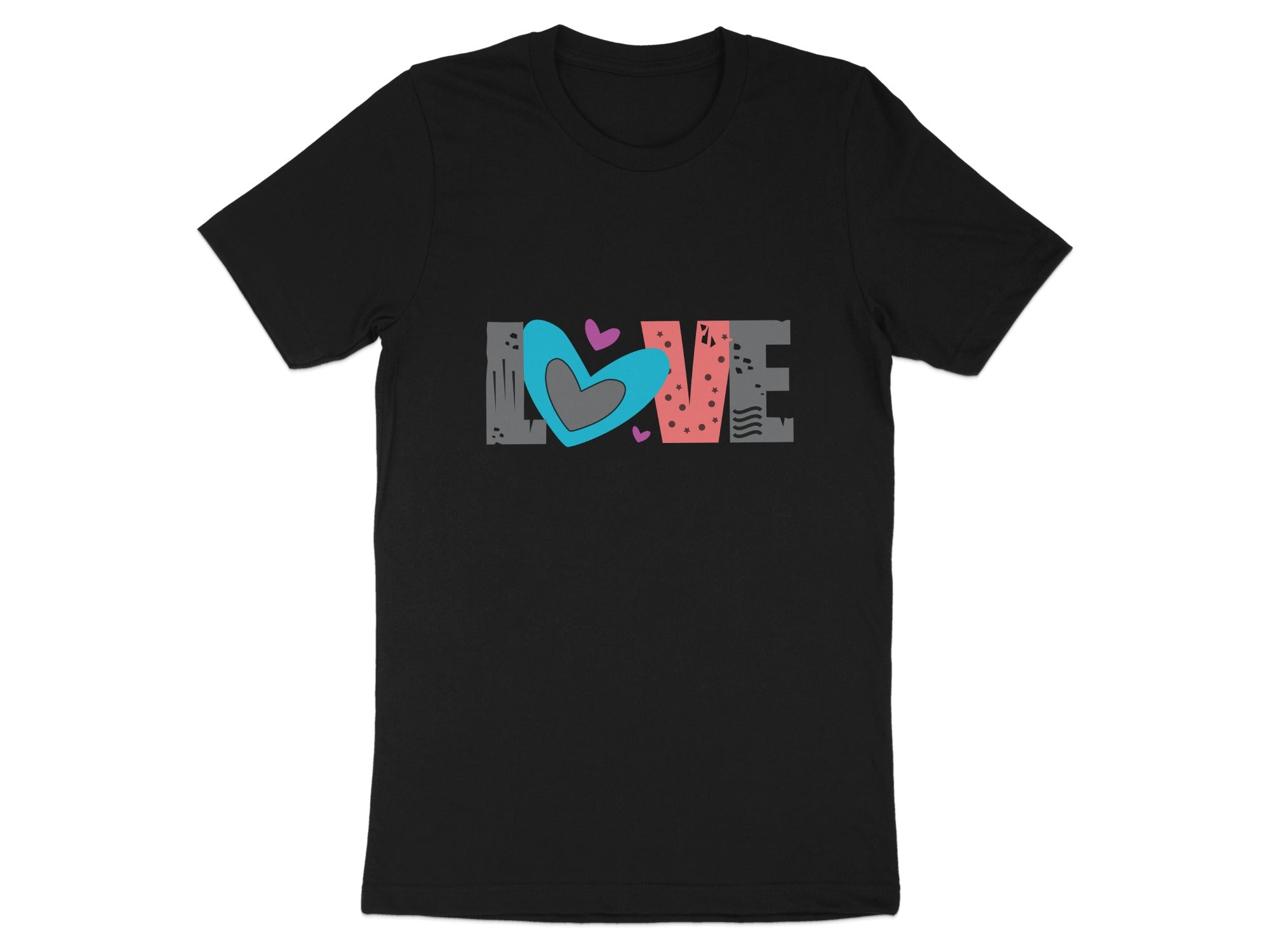 Black t-shirt with abstract "LOVE" graphic featuring hearts.