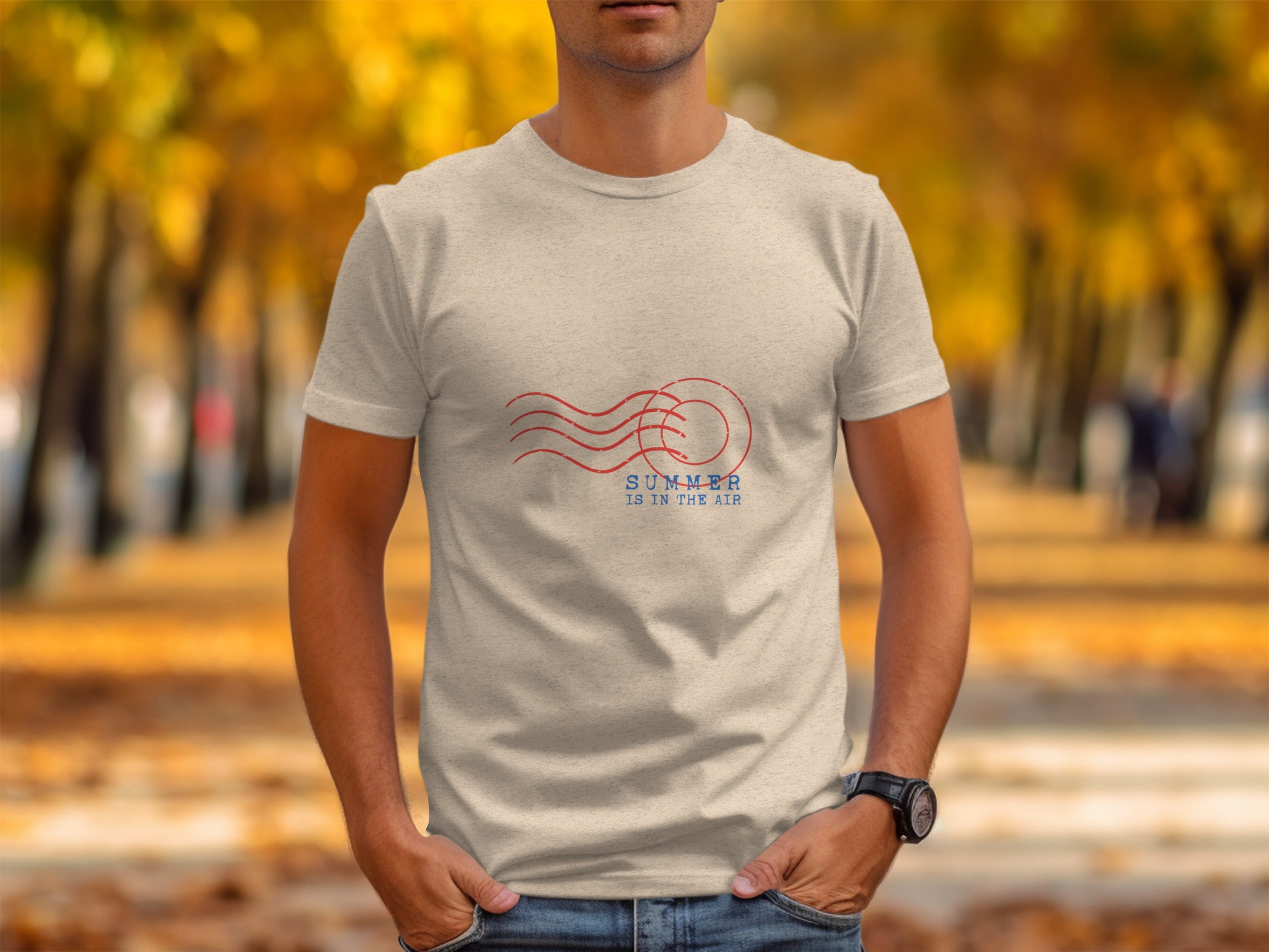 Light grey t-shirt with red and blue "SUMMER IS IN THE AIR" graphic.