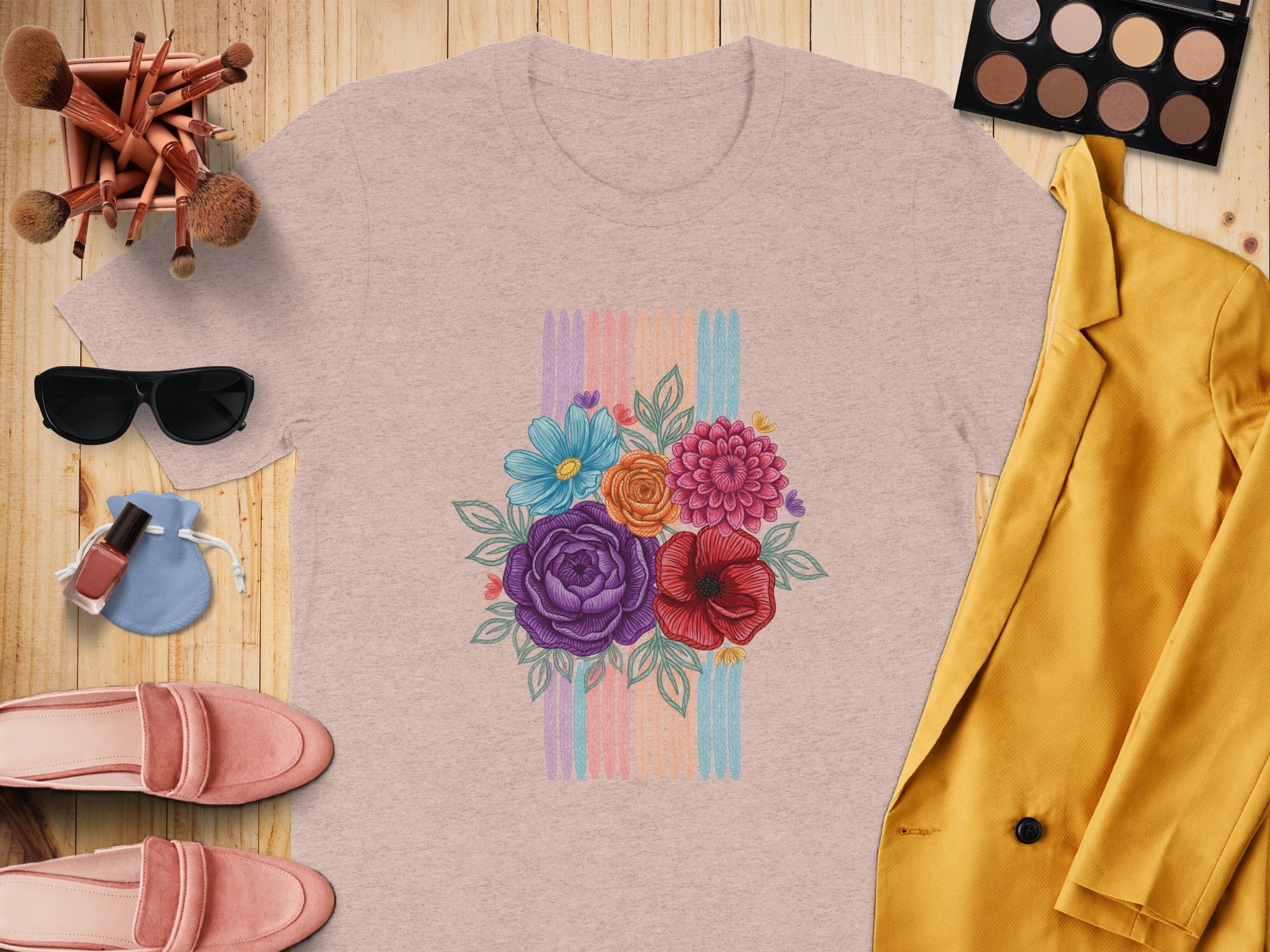 T-shirt with a colorful floral bouquet design above striped accents.