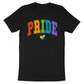 Black t-shirt with "PRIDE" in rainbow collegiate font and a rainbow heart.