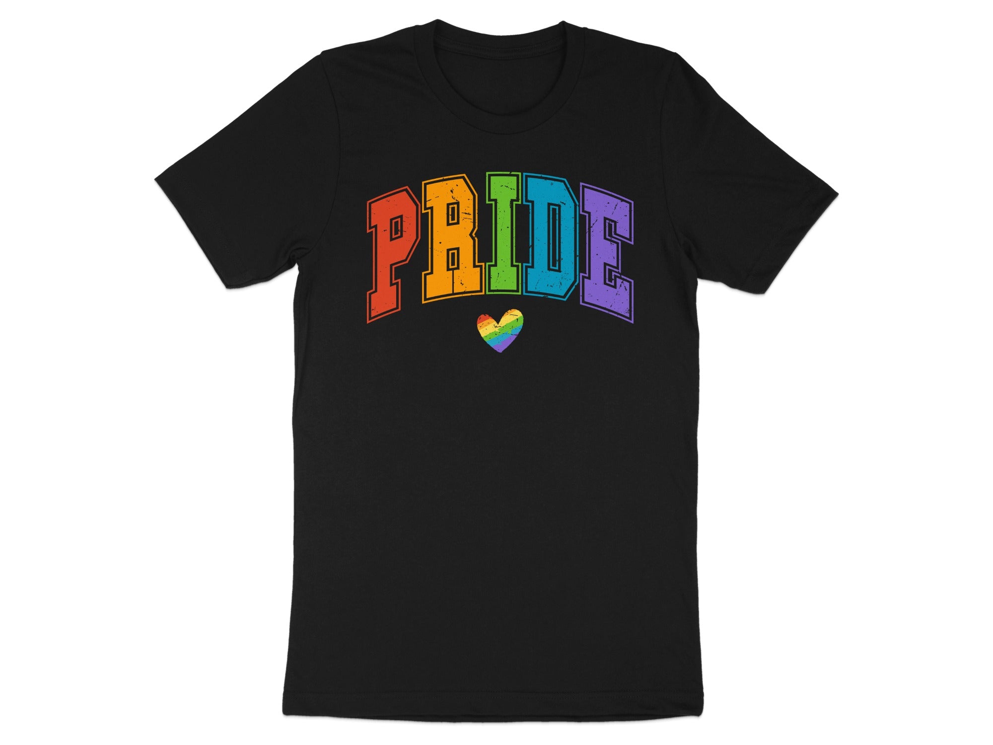 Black t-shirt with "PRIDE" in rainbow collegiate font and a rainbow heart.